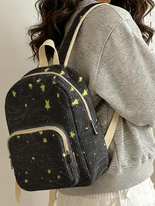 1 piece of ladies' backpack with 2D printed starry sky star pattern, velvet texture + layered storage + light weight reduction | Perfect for students to go to class/shopping/short trips | Combines atmosphere with practicality