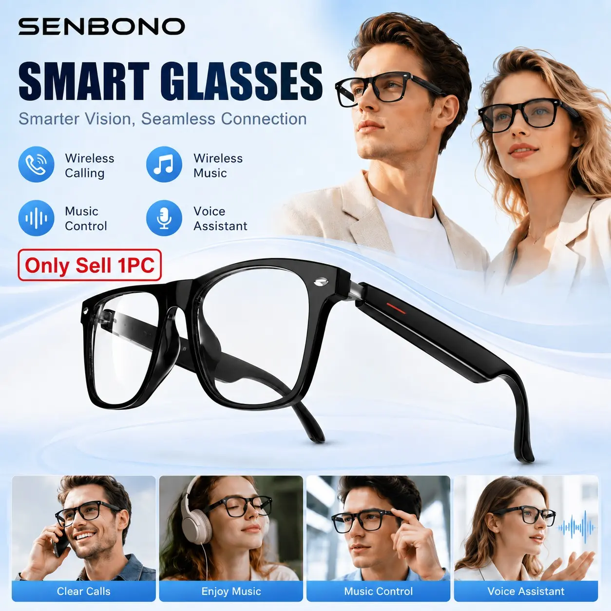 Senbono Smart Music Glasses, Wireless Smart Glasses, Dual Touch Control, BT 5.0 Quick Pairing, Compatible with Prescription Lenses, Lightweight and Comfortable