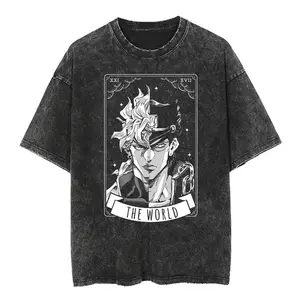 Jojo's Bizarre Adventure Jotaro Kujo T-Shirt Vintage Wash Anime Tarot Tee XXI XVII THE WORLD Design Unisex Menswear Top for Anime Fans Streetwear