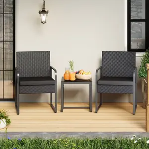 Gizoon 3 Pieces Patio Bistro Sets Outdoor Rattan Conversation with Glass Table Wicker Furniture Set with Cushion for Backyard Porch Poolside Lawn