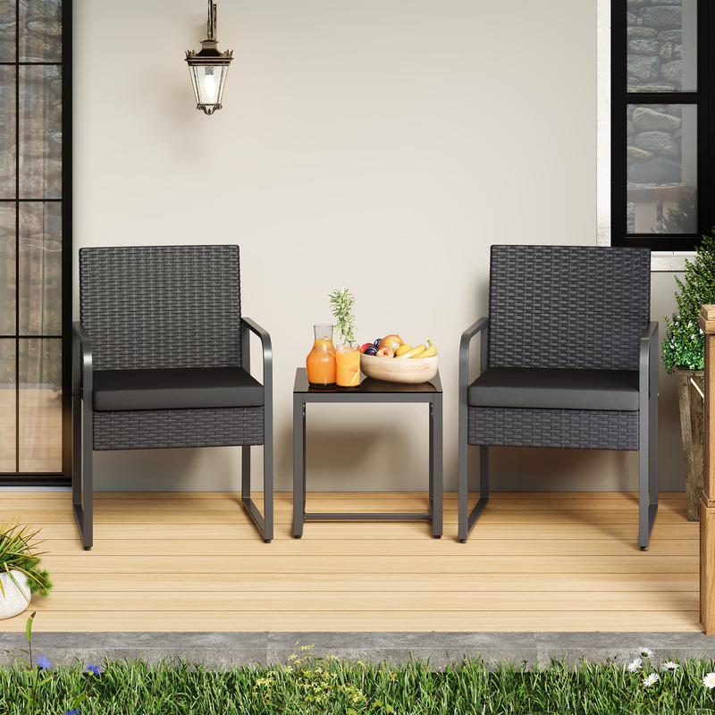 Gizoon 3 Pieces Patio Bistro Sets Outdoor Rattan Conversation with Glass Table Wicker Furniture Set with Cushion for Backyard Porch Poolside Lawn