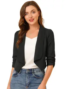 INSPIRE CHIC Summer Chiffon Blazer 3/4 Ruched Sleeve Shawl Lapel Open Front Thin Lightweight Jacket