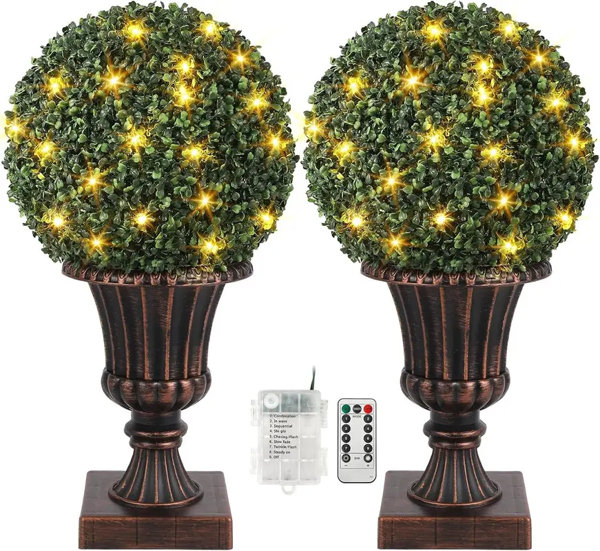 16 in Pre-Lit Artificial Boxwood Topiary Ball Decorative Artificial Tree - Indoor-Outdoor Home Decor with Timer Mode, Remote Control, Light Base, Red Accents, Outdoor Patio Lights for Porch, Decorative Artificial Trees