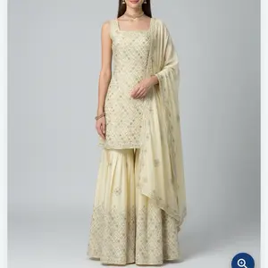 Satin Silk outfit party wear in Beige Color Sleeveless with Beautiful Silver Embroidery Work Party Wear Womenswear