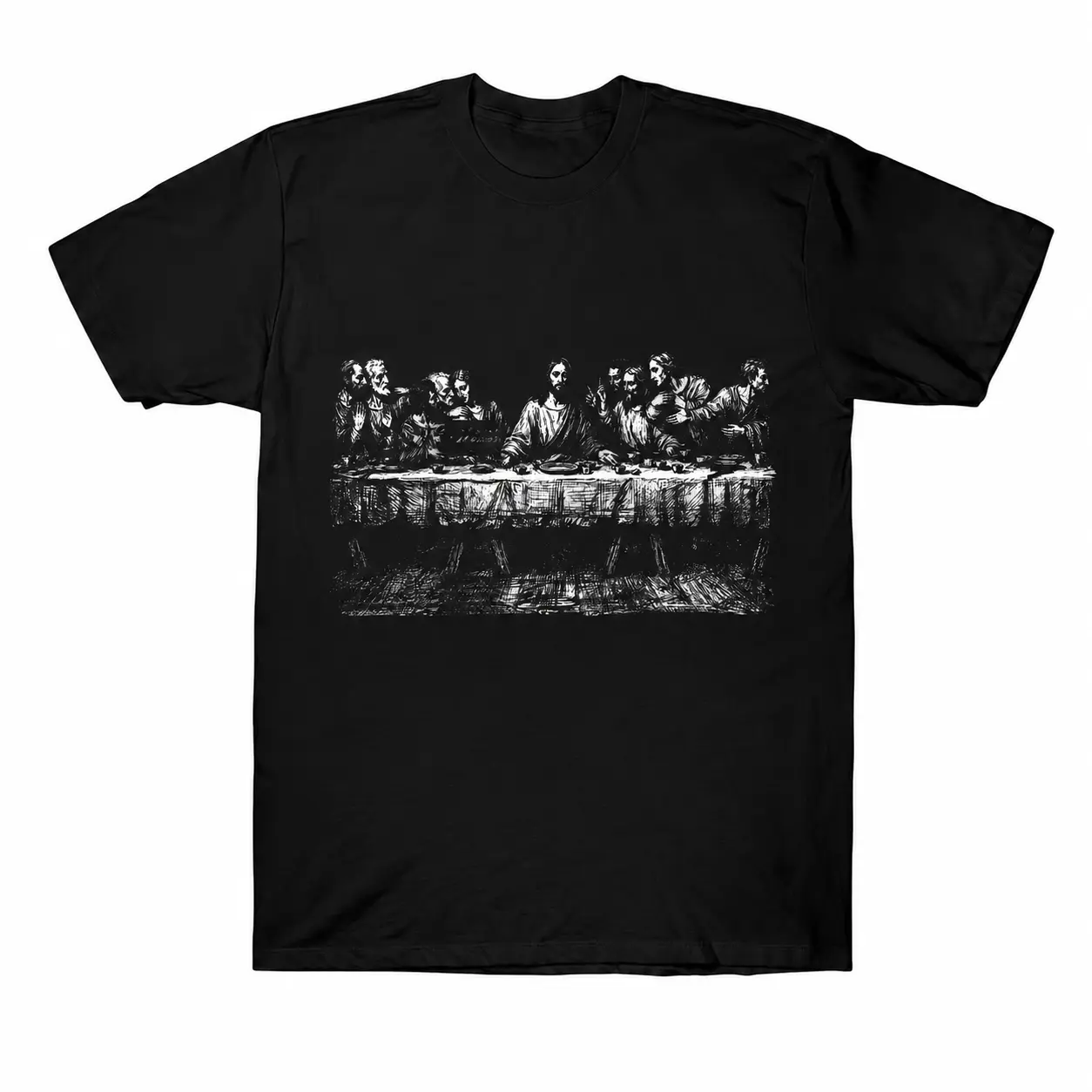 Men's 12oz Heavyweight Cropped Graphic Tee - Jesus The Last Supper Print, Menswear Short-Sleeve Casual Fashion Gothic Art Cotton Streetwear Shirt, Shortsleeve, Top, Tshirt, Heavyweight Fabric, Gothic Graphic