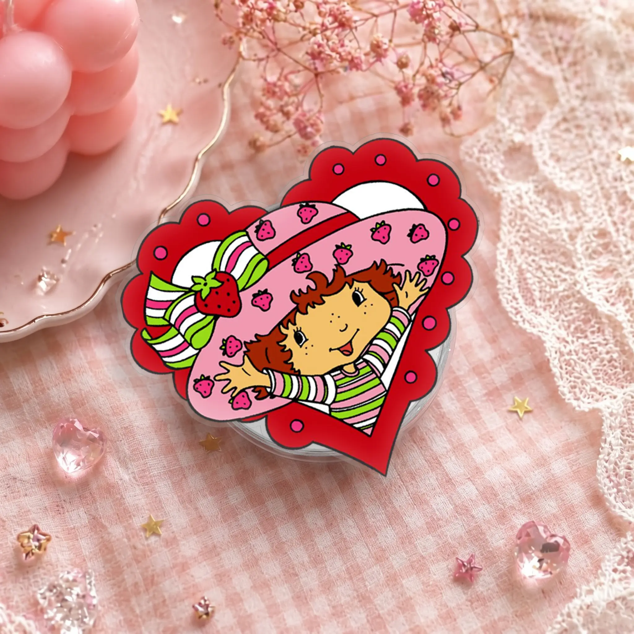Strawberry Heart Girl Phone Grip, Cute Round Phone Holder, Kawaii Berry Character Phone Stand, Sweet Accessory Gift