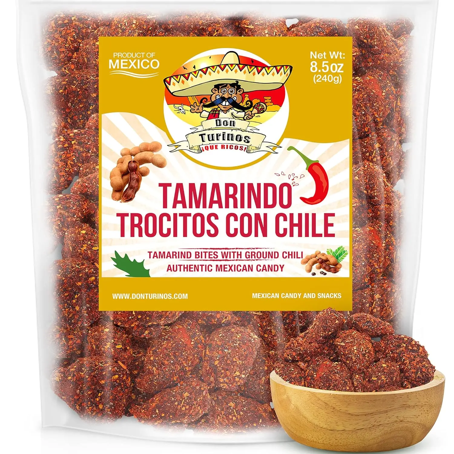 Tamarind Candy with Chili 8.5oz Dulce de Tamarindo Mexican Sweet Spicy | Authentic chewy tamarindo pulp candy. Sweet, tangy & spicy heat. Contains seed. Traditional dulces enchilados. Resealable.