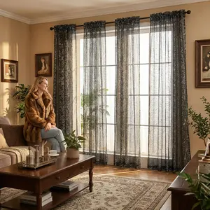 Curtain Club 4 Panels 52x84inch - Slit-style, Chiffon fabric, XX pattern with silver heat transfer, lightweight, transparent, high-end FT5001 Room Decor Blinds,Sheer,Woven,Rod,Pocket,Curtains