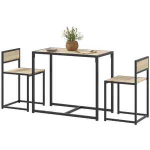 3 piece oak finished dining table set scratch water resistant MDF top comfortable low back seating for home