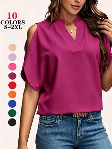 2026 Trendy Summer Tops for Women, Cold Shoulder V Neck, Solid Color, Basic Oversized Casual Tees, Loose Fit, Elegant Daily Vacation T-Shirts