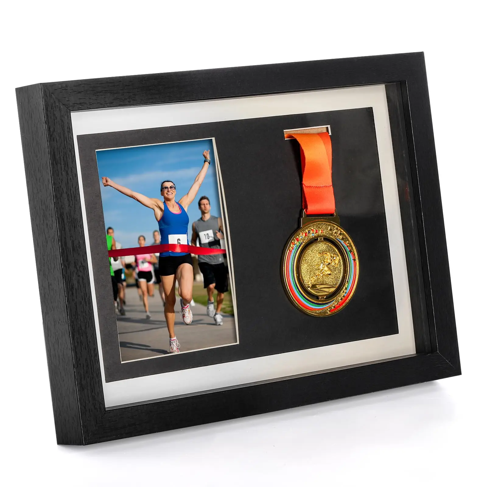 Medal Display Shadow Box  Single And Photo Frame Case Wood Marathon Storage For Runners All Sports Winners Awards Black