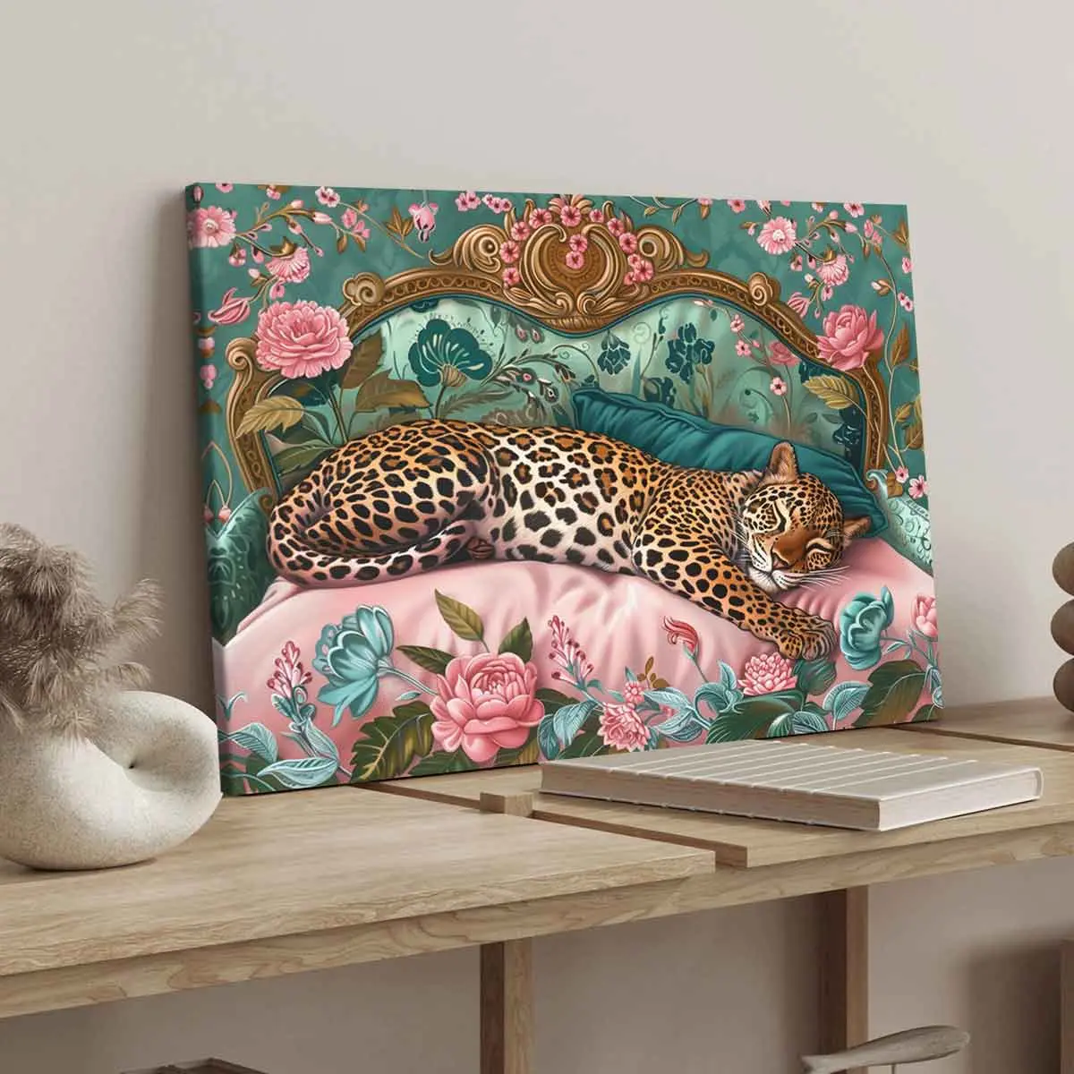 Wooden Framed Canvas Painting, Leopard & Flower Pattern Floral Leopard Print Design Wall Art, Modern Art Decoration for Home Living Room Bedroom Office, Ornaments, Decorative Artwork, Canvas Prints