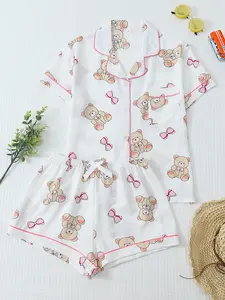 Women's Sleepwear Set Pajama Set with Ostrich Bear Print, Sweet Lapel Short Sleeve Top and Shorts, Casual Home Wear, Fitted Style, Pockets, Pjs, Loungewear