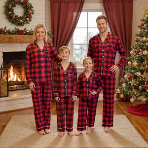 Christmas Family Matching 2Pcs Pajamas Set Casual Long Sleeve Red Or Green Plaid Print Button Down Shirt + Elastic Waist Loose Pants Set Festival Party Sleepwear Loungewear Xmas Oufits
