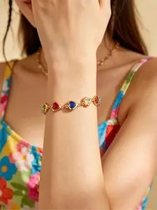 Fashion Colorful Heart Rhinestone Chain Bracelet, Simple Elegance Sweet Women's Party Accessory, Versatile and Stylish Hand Jewelry, Heart Shaped Bracelet