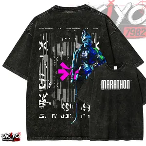 Marathon Cyberpunk Cyborg Graphic Tee | Vintage Wash Black Oversized T-Shirt Men Women | Hot Pink X Techwear Mecha Streetwear Unisex Short Sleeve Top