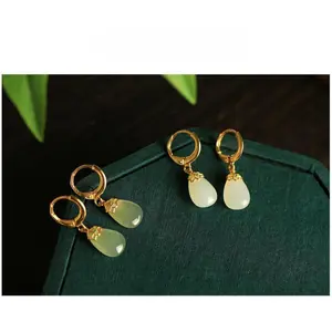 Flash & Finesse Flash & Finesse  Natural Hetian Jade Drop Earrings 925 Sterling Silver 18K Gold Plated Vintage Chinese Style Valentine's Day Gift for Girlfriend Best Friend Festival Gift