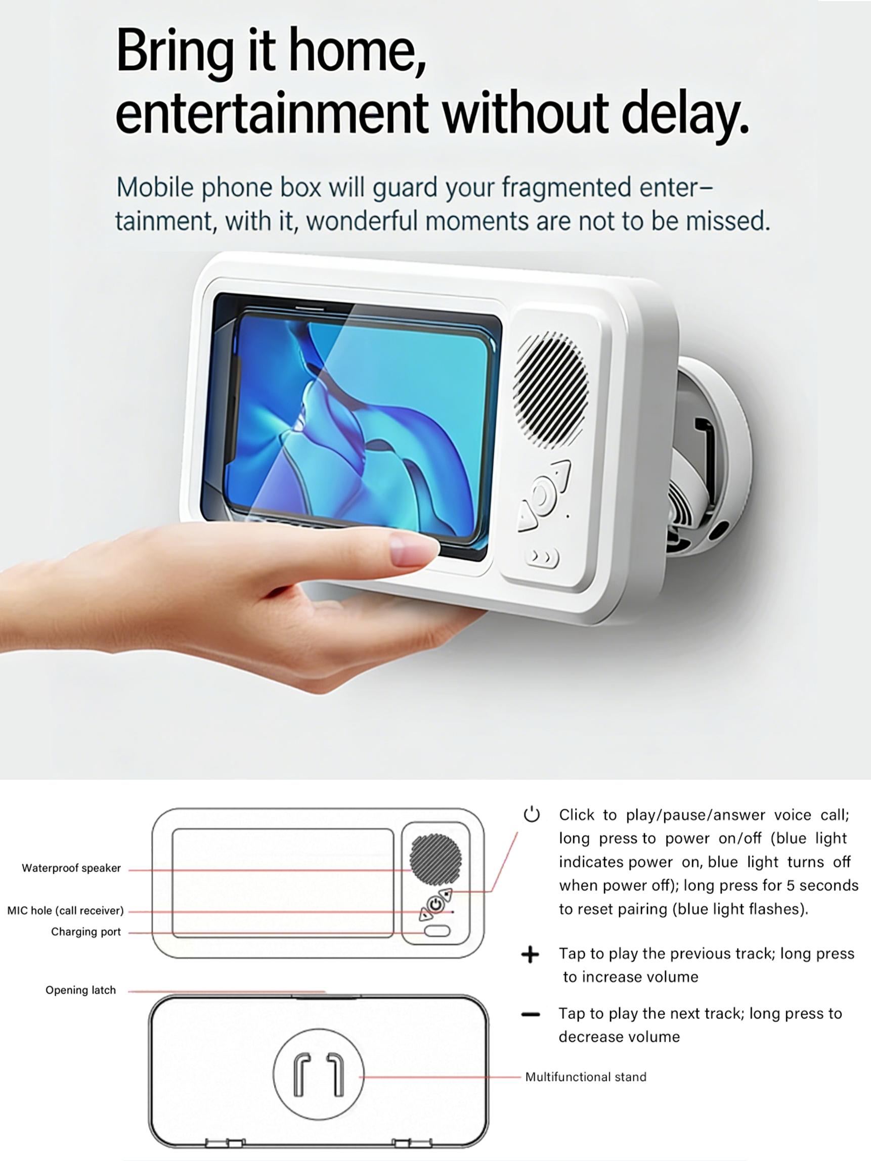 Waterproof Phone Mount for Showers and Bathrooms—360° smooth rotation, anti-fog protective case, responsive full HD touchscreen, comes with 3 tool-free adhesive wall mounts, compatible with 4–7-inch iPhones, Samsung, and other adjustable smartphones