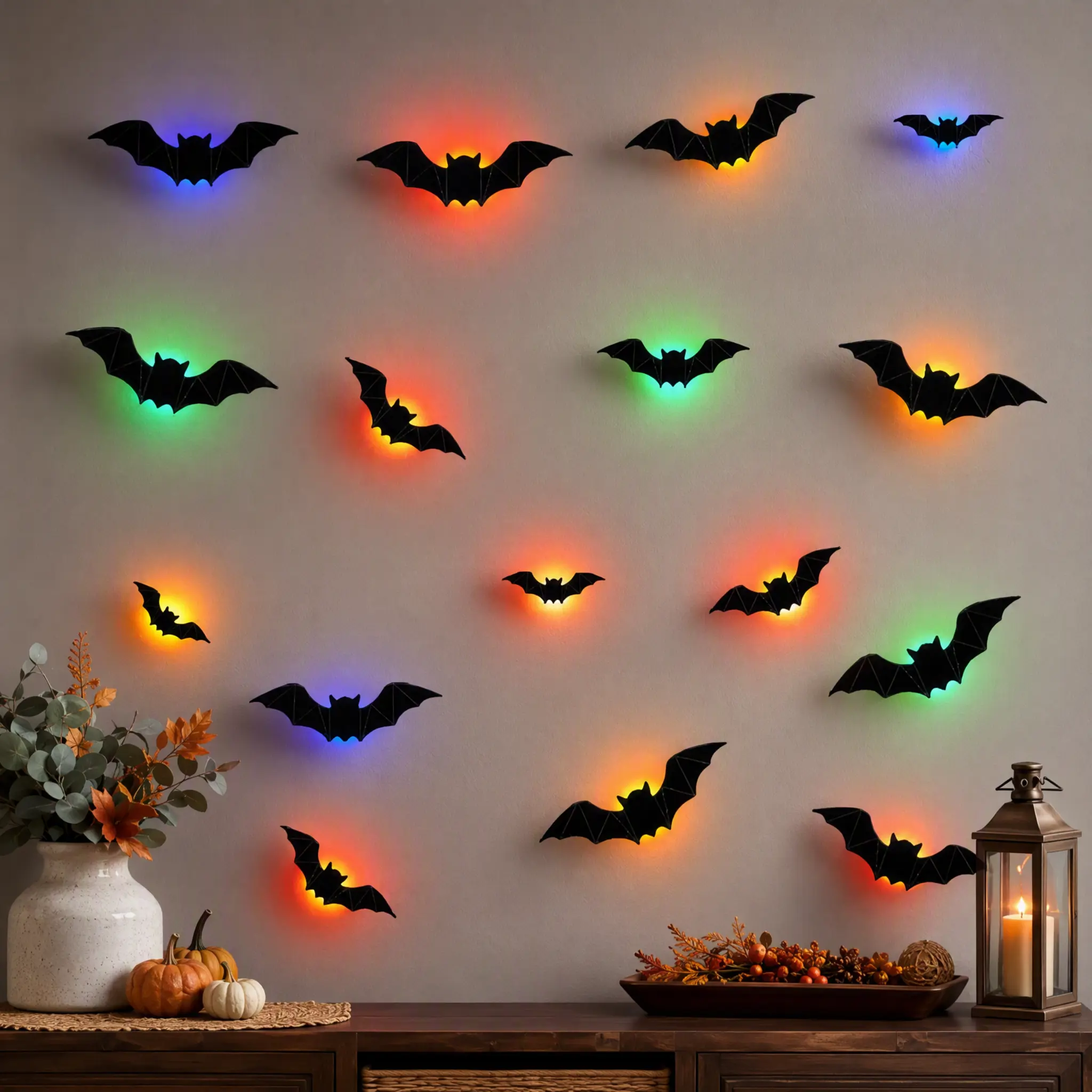 [SummerWins]12/36/60Pcs 7-Color Changing Bat LED Night Lights, Battery-Powered Flashing Rainbow Ambient Lamps, Spooky Halloween Wall/Window Decor for Indoor Party Bedroom Festive Ornaments