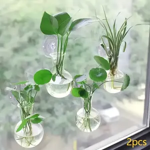 2Pcs Suction Cup Wall Mounted Glass Vase, Clear Hydroponic Plant Pot, Hanging Water Terrarium for Window Home Decor, Hanging Planters