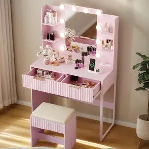 summervibes Ktaxon Fluted Makeup Vanity Desk with Mirror & Lights & Power Outlet, Pink Modern Dressing Table Set Charging Station for Bedroom, w/ 2 Drawers & 4 Shelves