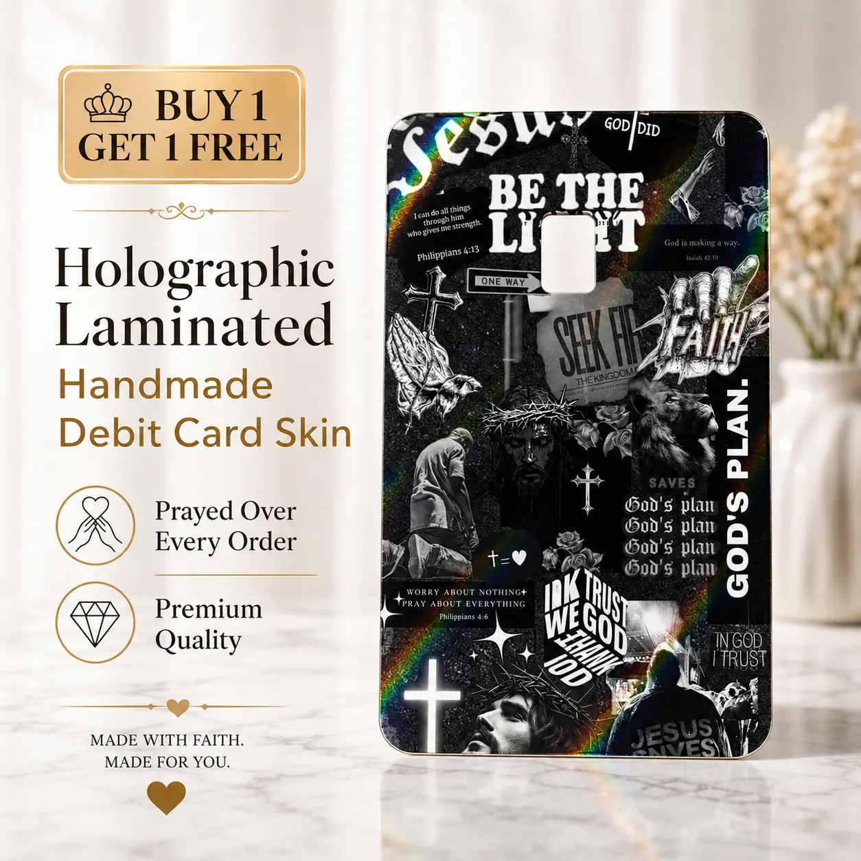 Christian Card Skin Holographic | Be The Light Collage | Dark Aesthetic Faith Debit Card Skin | Bible Verse Card Cover | Christian Gift