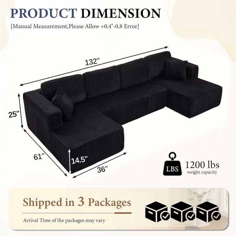 [3 or 2 Packages Shipped] [Christmas] Niccae U-shaped Modular Sectional Sofa, Compressed Corduroy Fabric, Modern Style Living Room Sofa Bed, Space-Saving Recliner Design - Convertible Corduroy Sectional Sofa