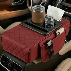 All-in-One Car Console Organizer Armrest Storage Tray Cup Holder Phone Mount for Easy Organization Red Quilted Design