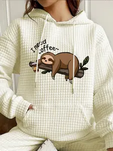 Women's Trendy Hooded Sweatshirt with Sloth Print, Long Sleeve Pocket Design, Fall & Winter Casual Top