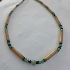 Handmade Bamboo Necklace with Green Glass & Onyx Beads 16 Inch Choker No Plastic Wearable in Shower & Swimming