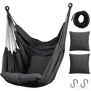 Hammock Chair Hanging Rope Swing Chair, Durable &Spacious Max 300 Lbs,2 Seat Cushions Included, Anti-SlipRings, hanging chair for Outdoor/Home/Bedroom/Patio/Yard Bedroom, Patio, Porch, Deck (Dark Grey)