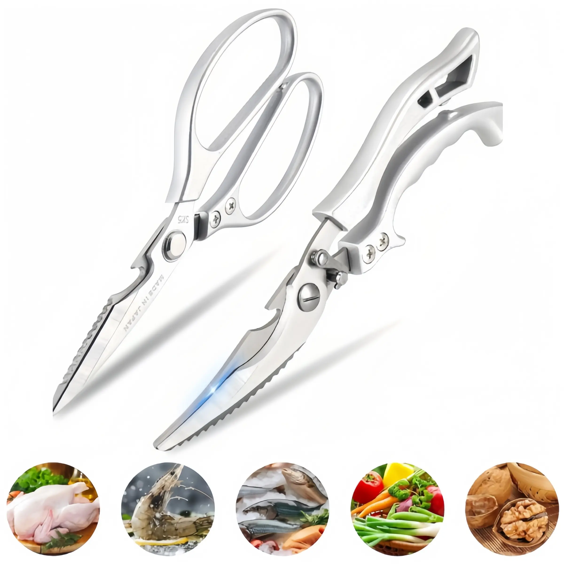 2 Pcs Heavy-Duty Poultry Shears Set, Spring-Loaded Kitchen Scissors with Non-Slip Handle, Safety Lock, Dishwasher-Safe All-Purpose Shears for Chicken, Meat, 2Pcs