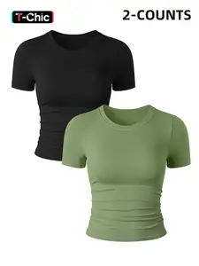 Women's 2-Pack Sporty Short Sleeve T-Shirts, Compression Sports Tee, Seamless Round Neck Yoga Tops, Gym Performance Top, Tight-Fitting Woven Fabric, Ideal for Gym & Fitness Activities, Gym Athletic Clothes, Workout Clothes, Workout Apparel