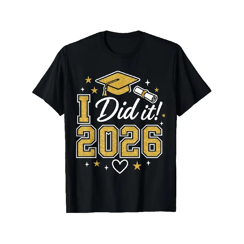 Menswear Oversized Short-Sleeve Round Neck Print T-Shirt - I Did It Graduation 2026 Graduate Graphic Tee, Comfortable Casual Style, Slight Stretch Fabric, Perfect for Men