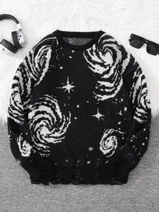 Men's Fall Winter Streetwear Hole Abstract Starry Sky Pattern Pullover Sweater, Casual Round Neck Knit Top, Regular Fit, All over Print