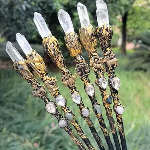 A natural stone constellation magic wand with 12 constellation symbols, a crystal ball, and gemstone decorations - a stylish cosplay prop suitable for Halloween, Christmas, and constellation-themed designs.