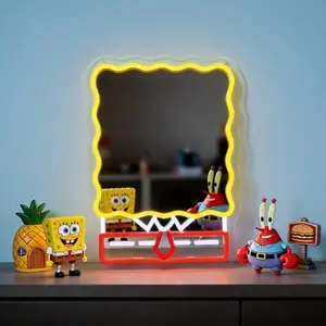 Cute Sponge Cartoon Neon Mirror Light, LED Vanity Wall Mirror for Kids Bedroom, Playroom & Bathroom Decor, Yellow Square Character Mirror Lamp, Fun Night Light Gift for Boys Girls Room