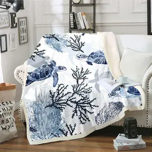Feelyou Turtle Sherpa Throw Blanket - White Blue Sea Hawaiian Tortoise Design, Ocean Beach Theme, Cozy Chic, Soft Comfy, Kid-Friendly Fleece Plush Blanket, Cozy Chic Blanket, Kid Blanket,summervibes