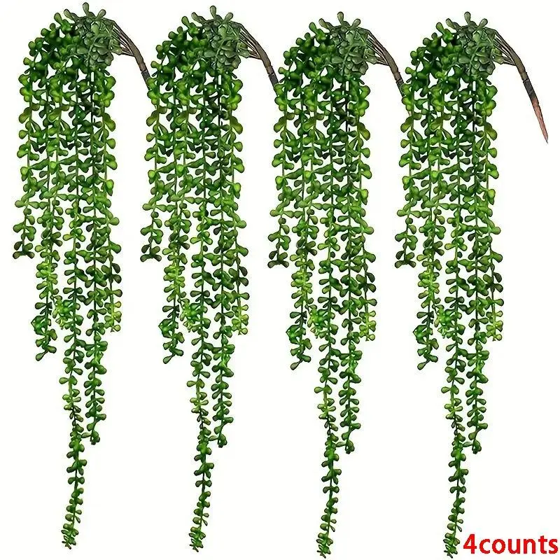4 Pcs Artificial Succulent String of Pearls Hanging Plants, Decorative Artificial Plants, Realistic Faux Greenery for Indoor & Outdoor Decor, Perfect Wall Decoration for Living Room & Garden, Home Decor Accessory, Fake Succulents Plant