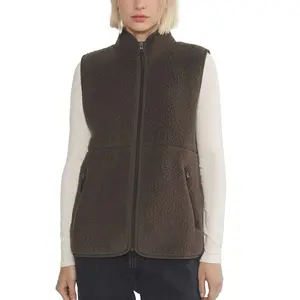 Songling Sherpa Fleece Vest for Women Trendy Warm Sleeveless Vests Jacket Lightweight Zip Coats with Pockets Fall Outerwear Fabric Soft Womenswear Fuzzy Casual Brown Outdoor Minimalist