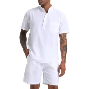 Men's Cotton Linen Set Henley Shirts Shorts outfits 2 Piece Beach Clothes Vacation Matching Suit Summer Wear