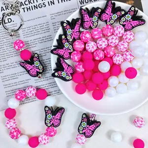 Silicone beads kit, 50pcs with a butterfly breast cancer theme, suitable for jewelry decoration beads, earrings, necklaces,  bracelets, pens,   keychains, and other DIY kit accessories, new year and Valentine's Day gifts.