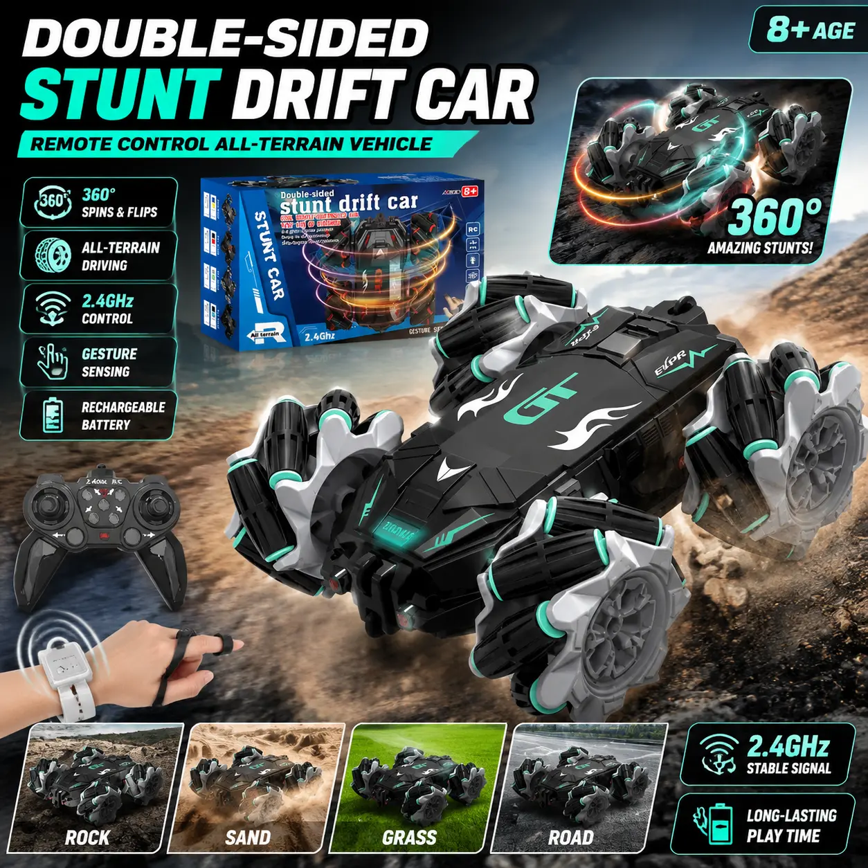 4WD RC Stunt Car for Boys Over 6+, Rechargeable 2.4GHz High Speed Off Road Remote Control Vehicle with 360° Flip Rotation, Double Sided Driving, Gesture Sensor Control, LED Lights & Music, All Terrain Toy Gift