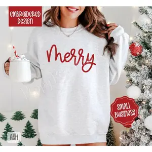 MerryEmbroideredChristmasSweatshirt,HolidayCrewneckSweatshirt,XmasSweater