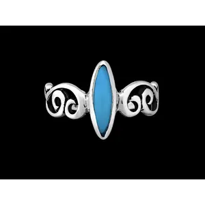 Size 6-925 Sterling Silver Turquoise Resin Marquise Ring, Elongated Scrollwork Design, Handmade Decorative Band, Handcrafted Gemstone Jewelry