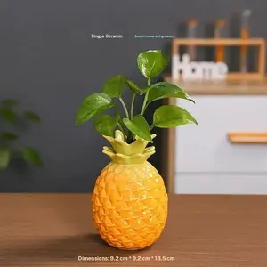 Creative Dragonfruit Ceramic Water Plant Vase, Cute Pineapple Greenery Pot, Money Grass Rattan Fake Flower Holder for Living Room Office Desk