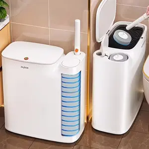 2-in-1 Trash Can with Toilet Brush and 72 disposable Brush Heads|Full White Rectangular Modern Bathroom Narrow Seam Trash Can with Push-On Lid, Ivory, Floor Mount, Plastic