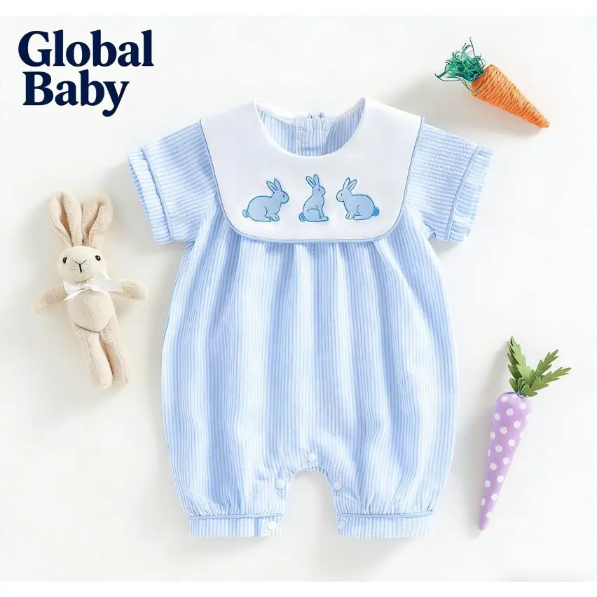 Global Baby Easter 2026 Striped Romper Carrot Truck Bunny Embroidered Sleeveless Jumpsuit Cute Overall Shorts Baby Boy Easter Romper Short Sleeve Bunny Embroidery Sailor Collar Jumpsuit
