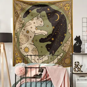 1pc Retro Sun, Moon, Lucky Cat, Constellation, Letter Printed Bohemian Style Tapestry, Wall Decor, Polyester Hanging Wall Tapestry For Living Room, Bedroom, Office, College Dorm, Home Decor, Kitchen Wall Decor With A Draping Effect,