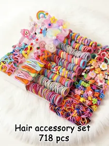 718/719pcs Little Princess Rainbow Unicorn & Mermaid Hair Accessory Gift Box Set: hundreds of styles, shapes & colors; clips, ties, headbands, claws, rubber bands. For girls' daily styling, optional storage box.